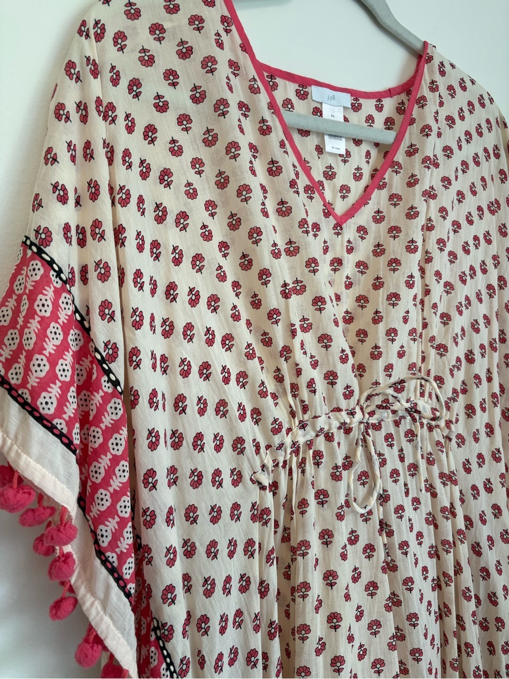 J. Jill Floral Kaftan Boho Pom-Pom Kaftan Dress sz S-L Cotton Beach Coverup - Picture 2 of 10